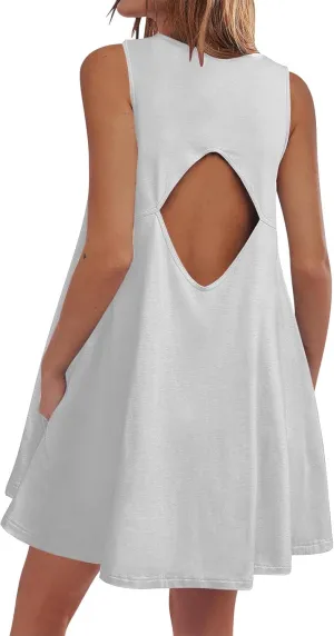 Summer Dresses for Women Solid Sleeveless Cutout Back Sundress Beach Swimwear Summer Casual Mini Dress with Pockets