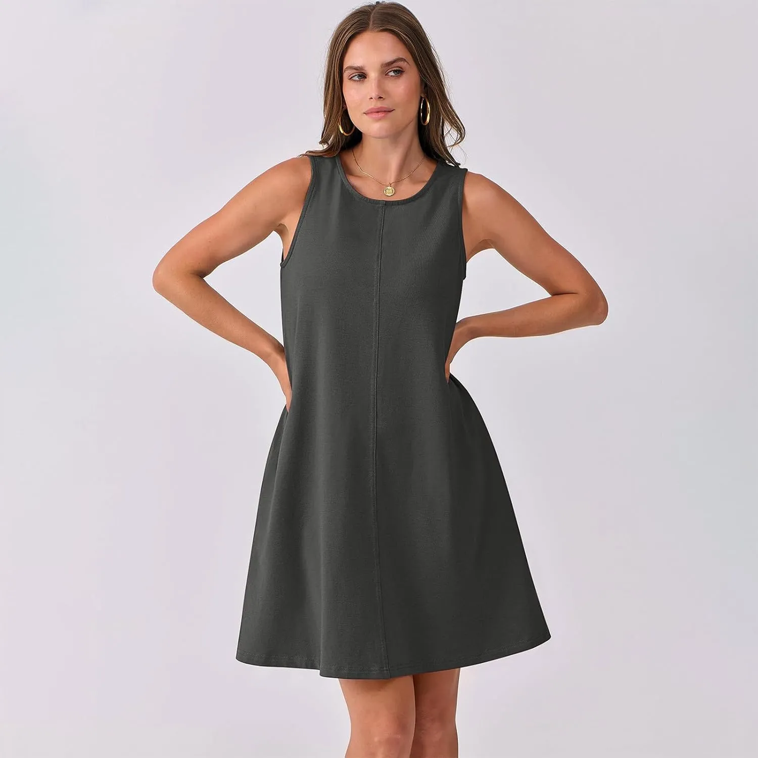 Summer Dresses for Women Solid Sleeveless Cutout Back Sundress Beach Swimwear Summer Casual Mini Dress with Pockets