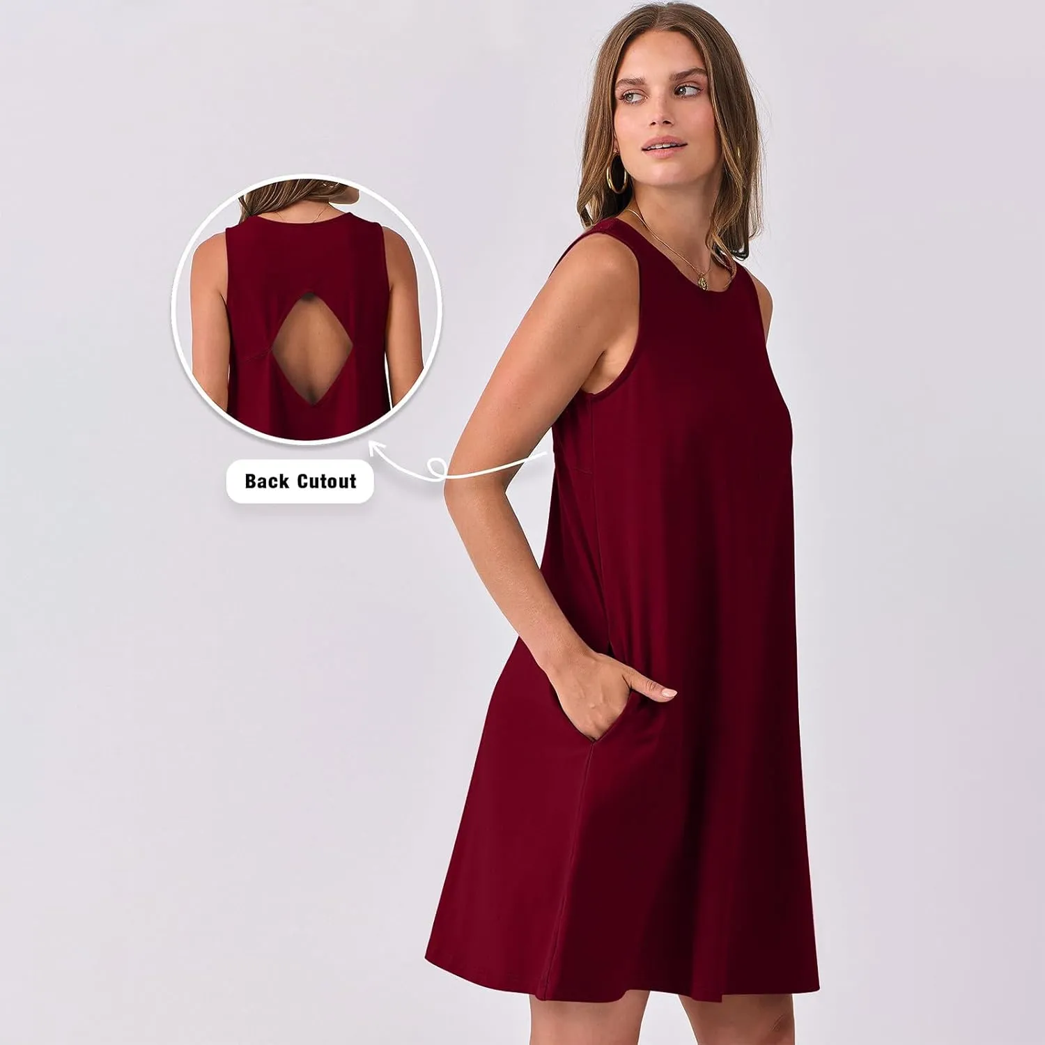 Summer Dresses for Women Solid Sleeveless Cutout Back Sundress Beach Swimwear Summer Casual Mini Dress with Pockets