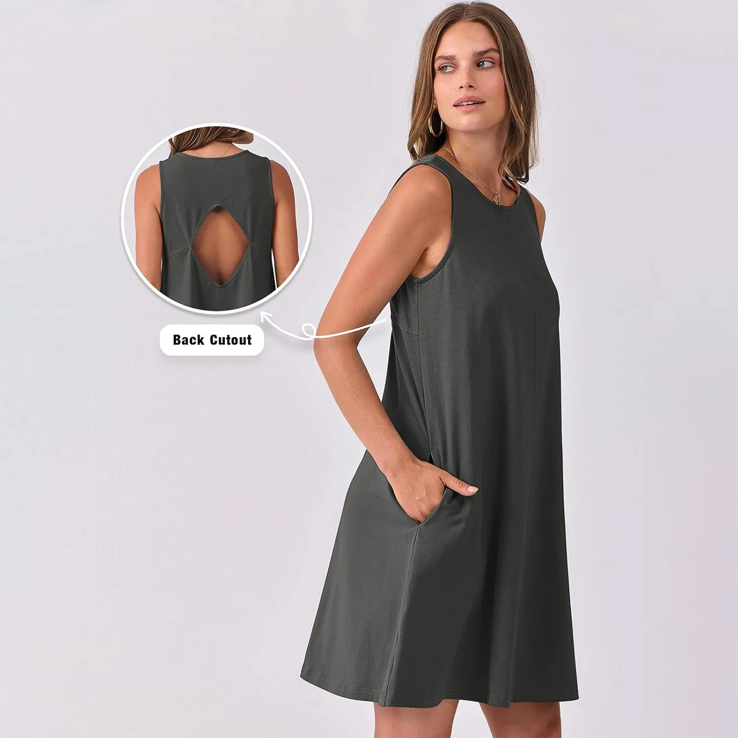 Summer Dresses for Women Solid Sleeveless Cutout Back Sundress Beach Swimwear Summer Casual Mini Dress with Pockets