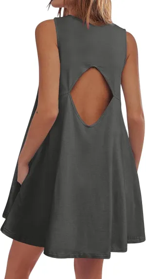 Summer Dresses for Women Solid Sleeveless Cutout Back Sundress Beach Swimwear Summer Casual Mini Dress with Pockets