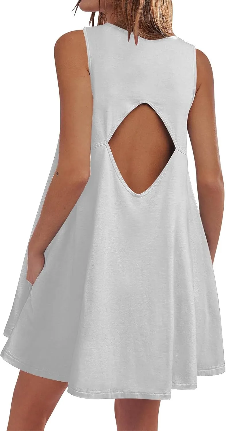Summer Dresses for Women Solid Sleeveless Cutout Back Sundress Beach Swimwear Summer Casual Mini Dress with Pockets