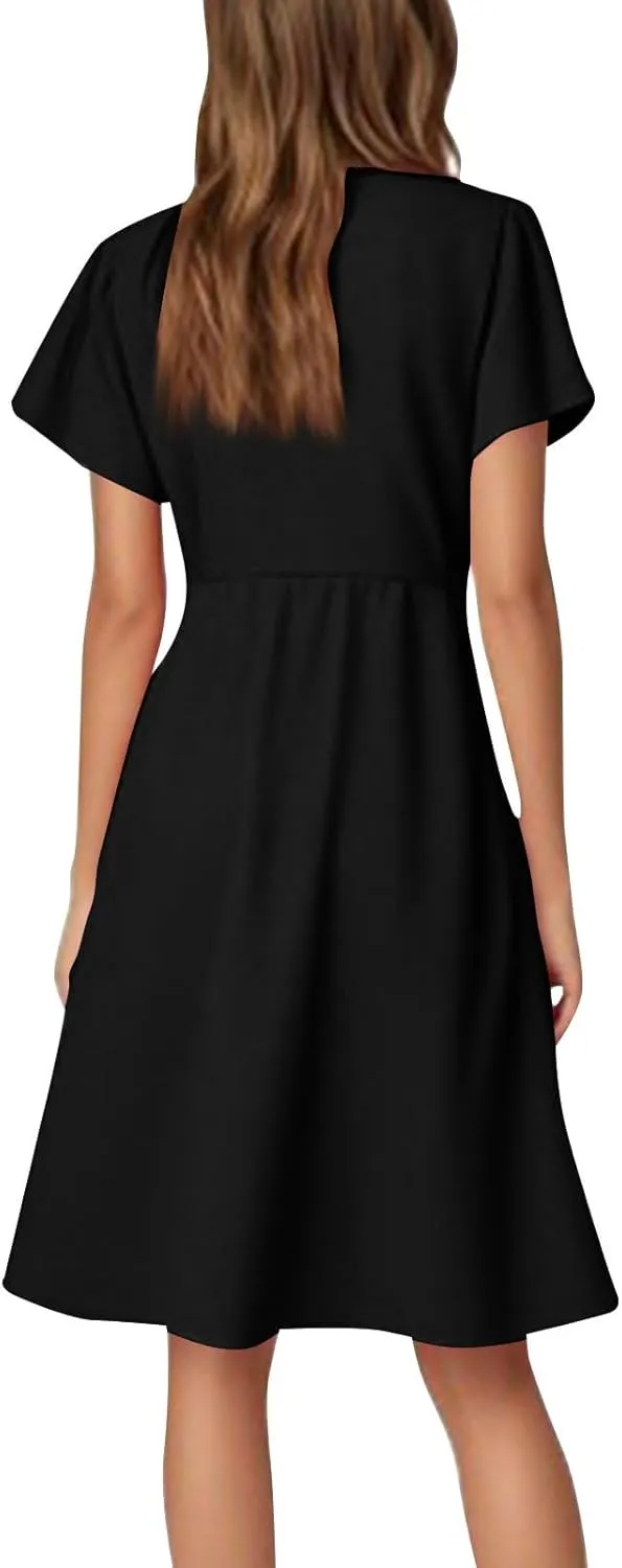 Summer Dresses for Women V Neck Ruffle Sleeve Wedding Guest Dresses Semi Formal Casual Party Modest Flowy Midi Dress