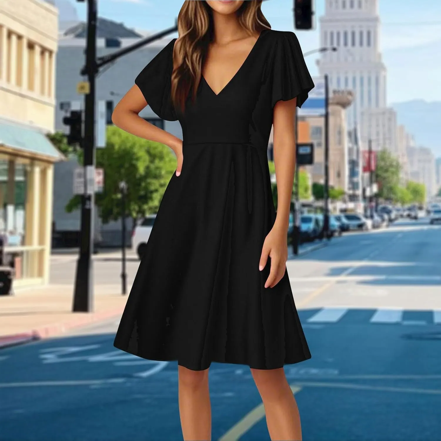 Summer Dresses for Women V Neck Ruffle Sleeve Wedding Guest Dresses Semi Formal Casual Party Modest Flowy Midi Dress