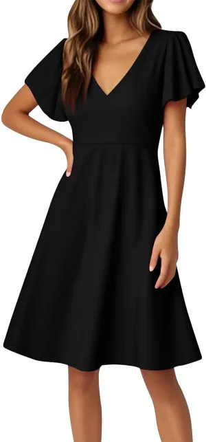 Summer Dresses for Women V Neck Ruffle Sleeve Wedding Guest Dresses Semi Formal Casual Party Modest Flowy Midi Dress