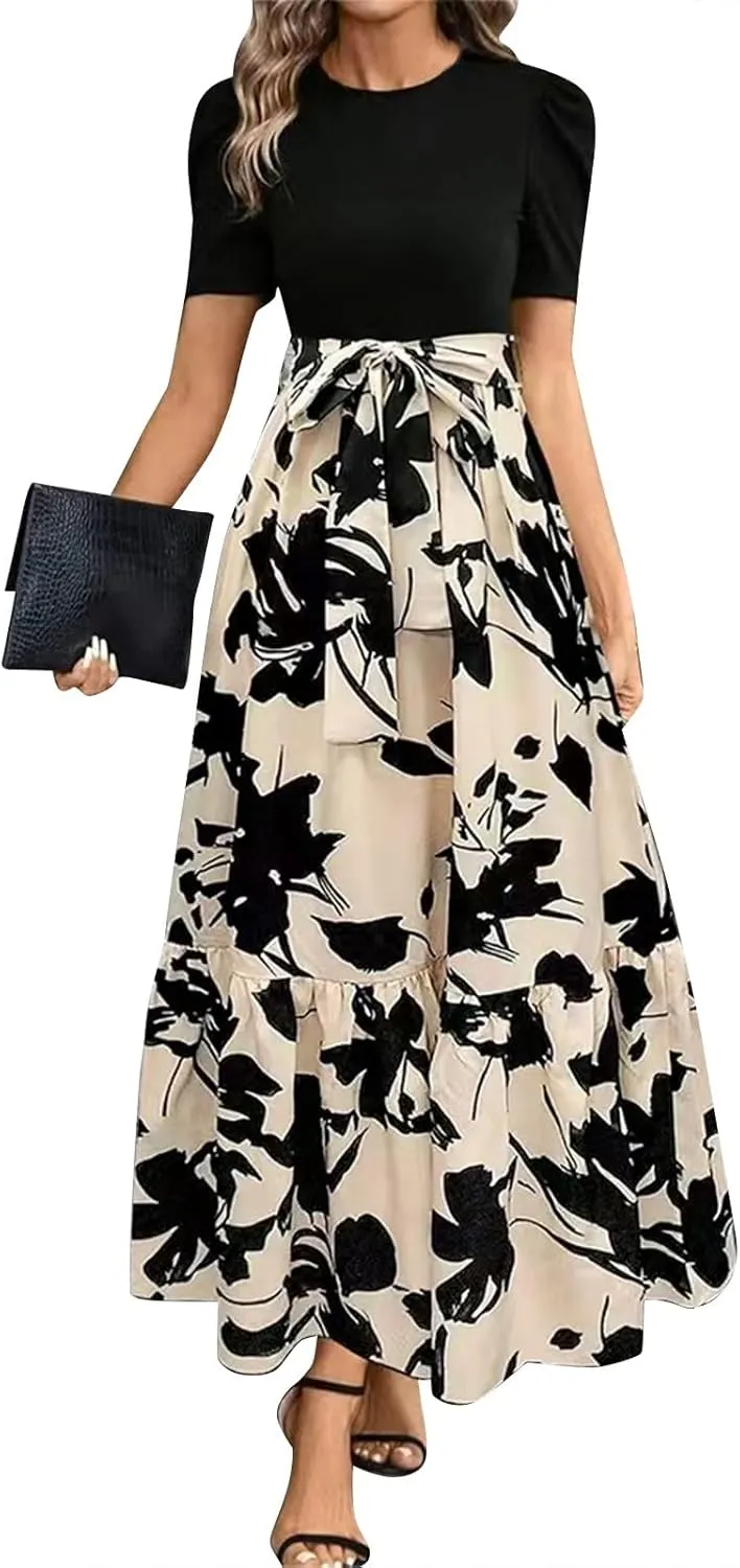 Summer Maxi Dresses for Women 2025 Casual Short Sleeve Floral Dress with Belt Elegant Wedding Guest Long Flowy Sun Dresses
