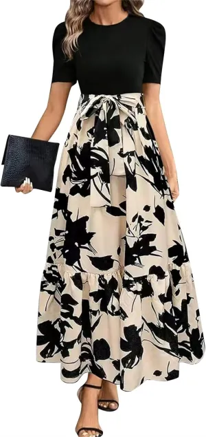 Summer Maxi Dresses for Women 2025 Casual Short Sleeve Floral Dress with Belt Elegant Wedding Guest Long Flowy Sun Dresses