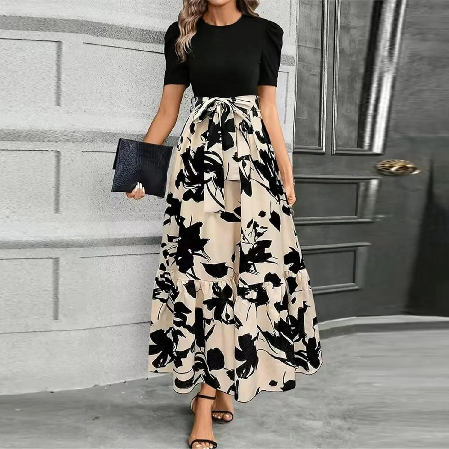 Summer Maxi Dresses for Women 2025 Casual Short Sleeve Floral Dress with Belt Elegant Wedding Guest Long Flowy Sun Dresses