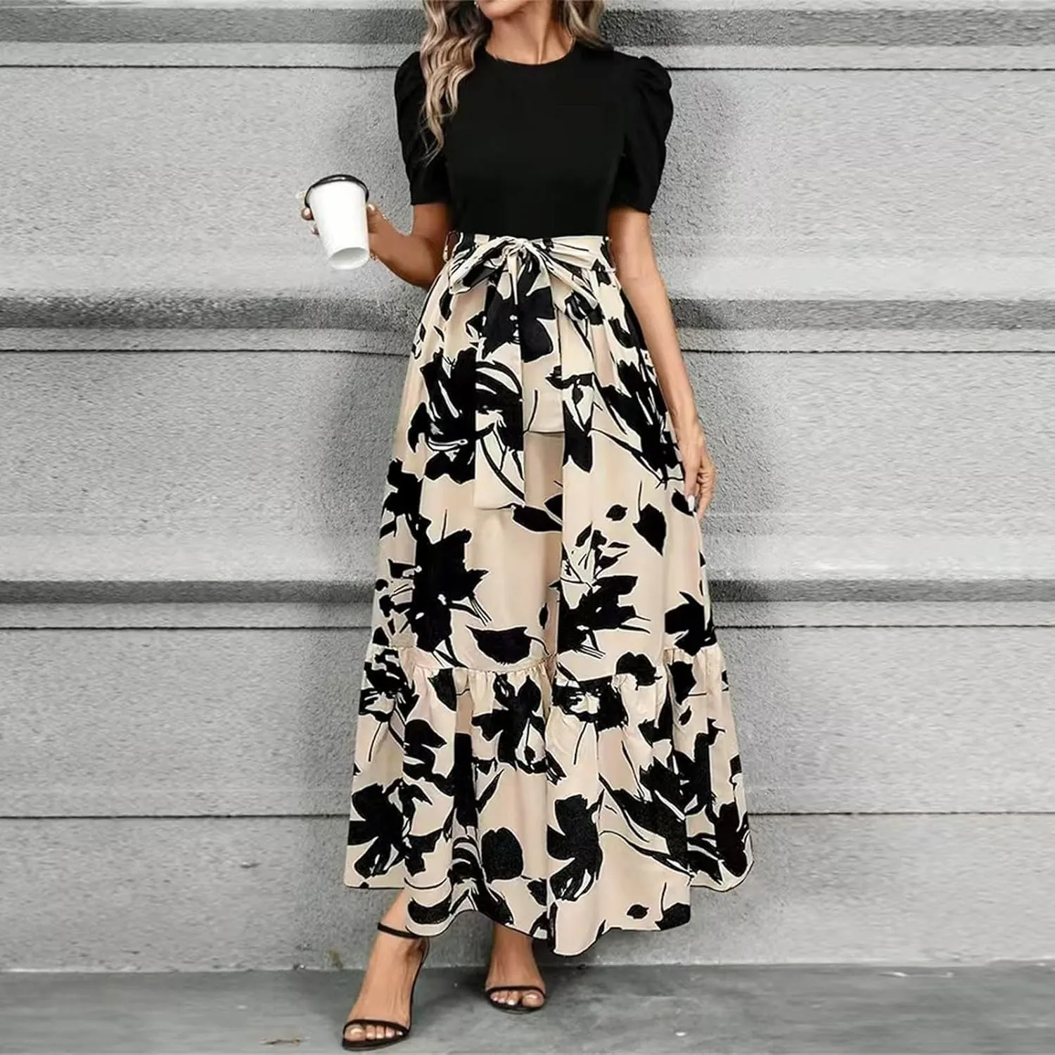 Summer Maxi Dresses for Women 2025 Casual Short Sleeve Floral Dress with Belt Elegant Wedding Guest Long Flowy Sun Dresses