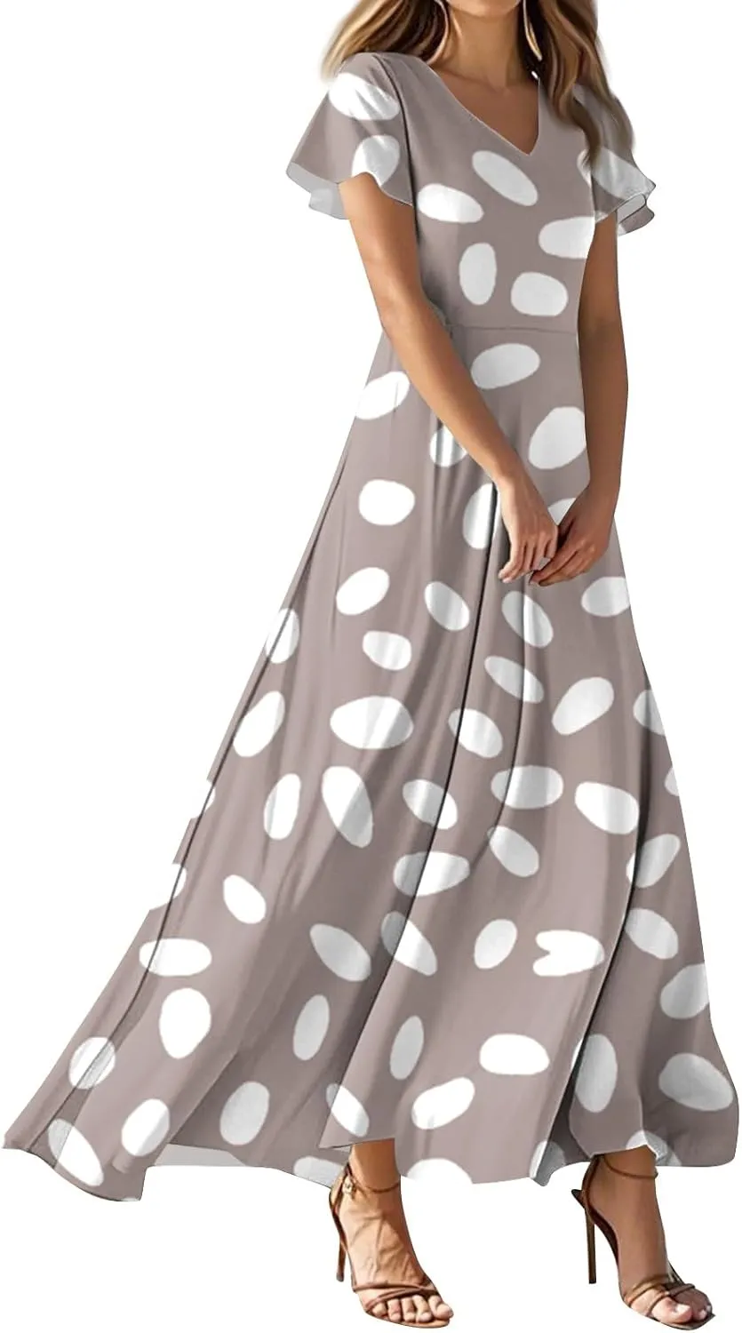 Summer Maxi Dresses for Women 2025 Vacation Short Sleeve V Neck Floral Dress Flowy A Line Wrap Casual Beach Sundress