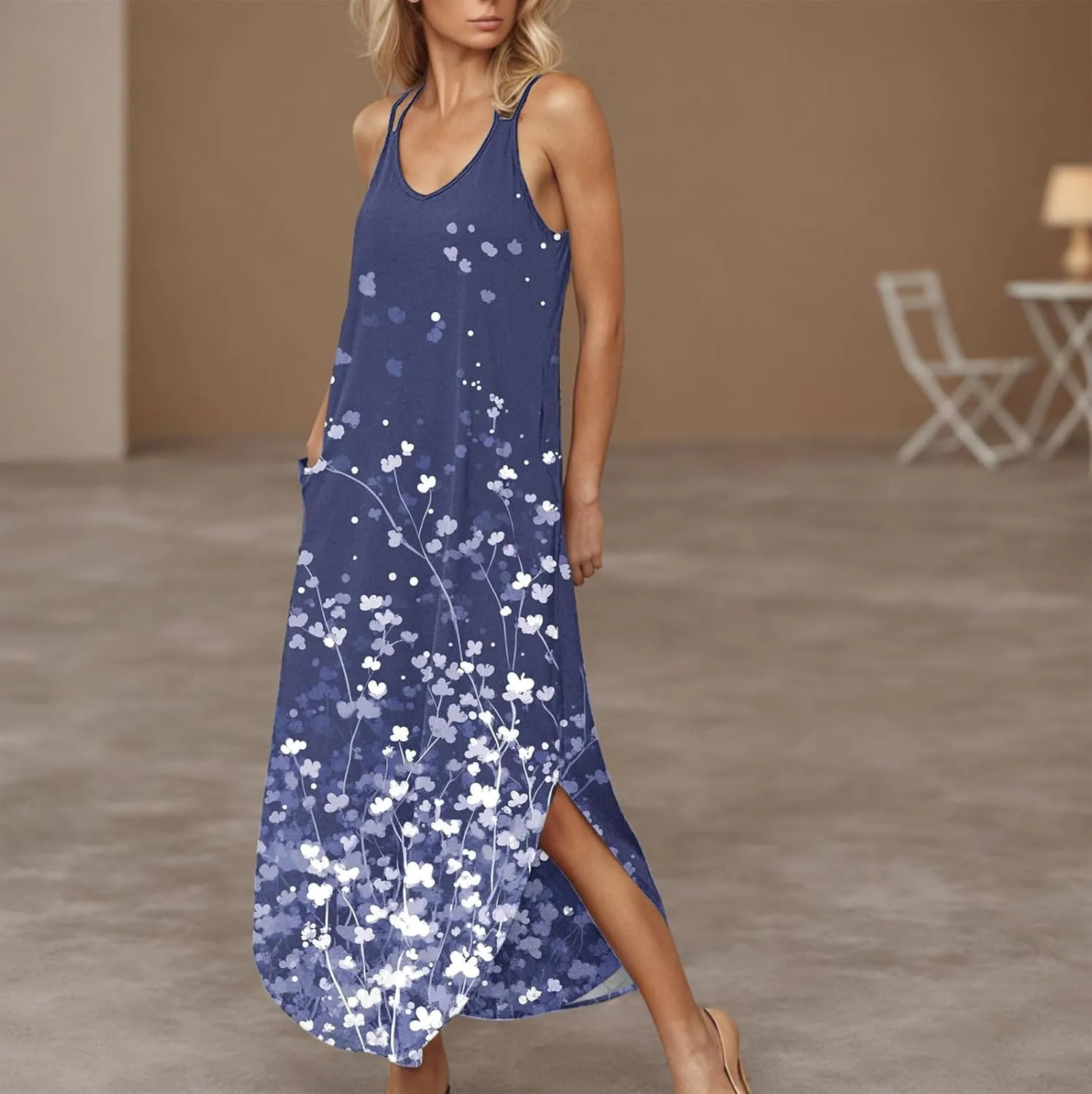 Summer Maxi Long Dresses for Women 2025 Sexy Spaghetti Strap v Neck Split Dress Casual Beach Sundress Vacation Outfits