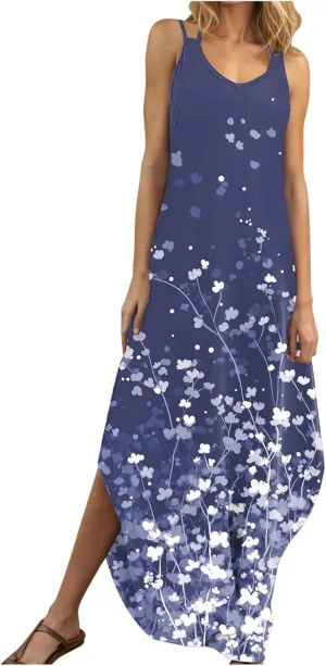 Summer Maxi Long Dresses for Women 2025 Sexy Spaghetti Strap v Neck Split Dress Casual Beach Sundress Vacation Outfits