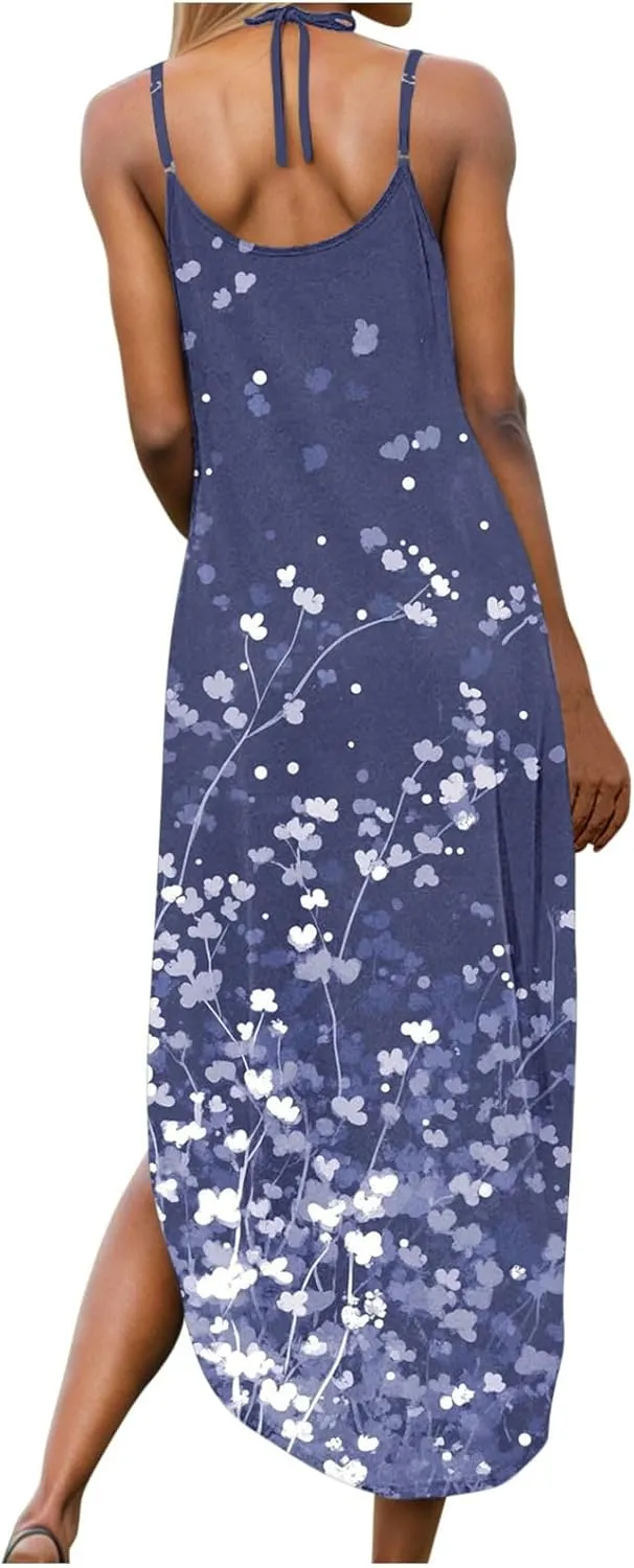 Summer Maxi Long Dresses for Women 2025 Sexy Spaghetti Strap v Neck Split Dress Casual Beach Sundress Vacation Outfits