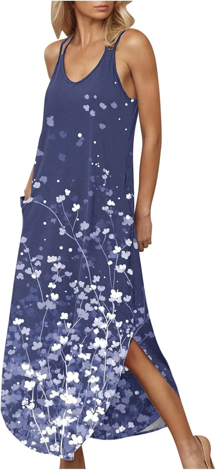 Summer Maxi Long Dresses for Women 2025 Sexy Spaghetti Strap v Neck Split Dress Casual Beach Sundress Vacation Outfits
