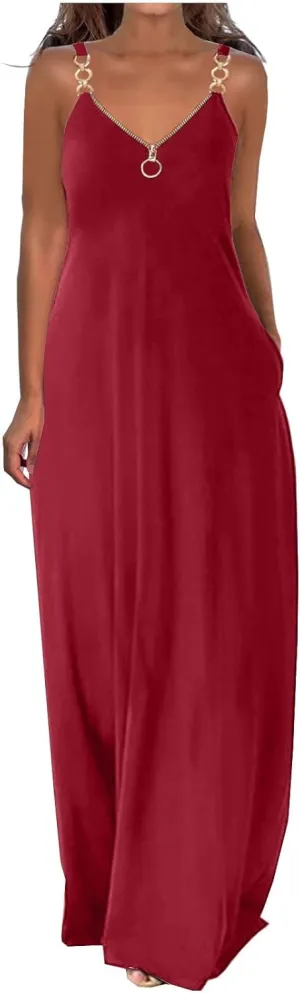 Summer Sun Dresses for Women 2024 Casual Boho Solid Color Ring Straps Zipper V Neck Beach Long Maxi Dress with Pockets