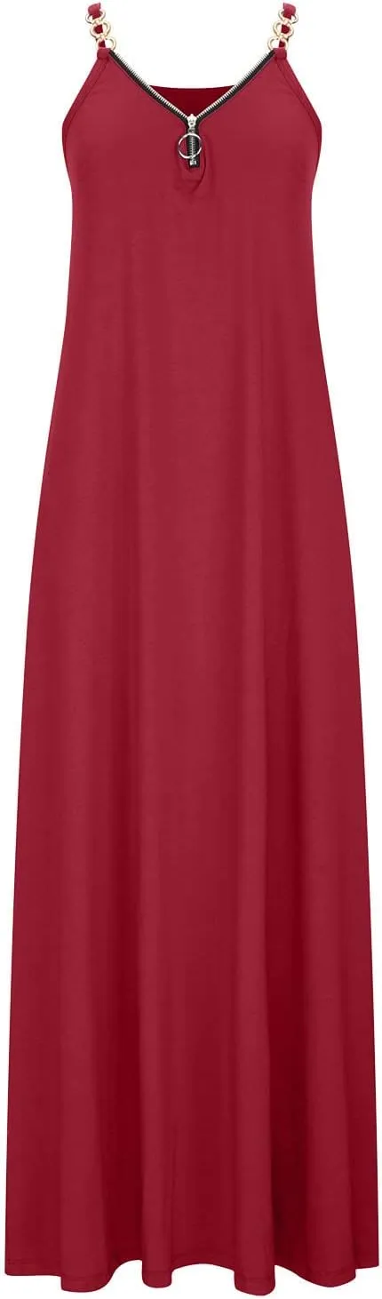 Summer Sun Dresses for Women 2024 Casual Boho Solid Color Ring Straps Zipper V Neck Beach Long Maxi Dress with Pockets