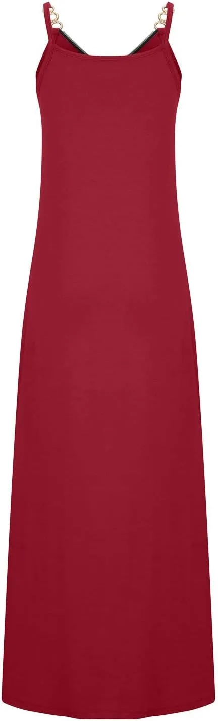 Summer Sun Dresses for Women 2024 Casual Boho Solid Color Ring Straps Zipper V Neck Beach Long Maxi Dress with Pockets