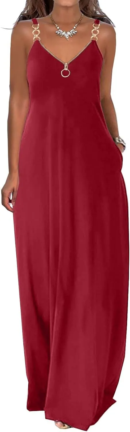 Summer Sun Dresses for Women 2024 Casual Boho Solid Color Ring Straps Zipper V Neck Beach Long Maxi Dress with Pockets