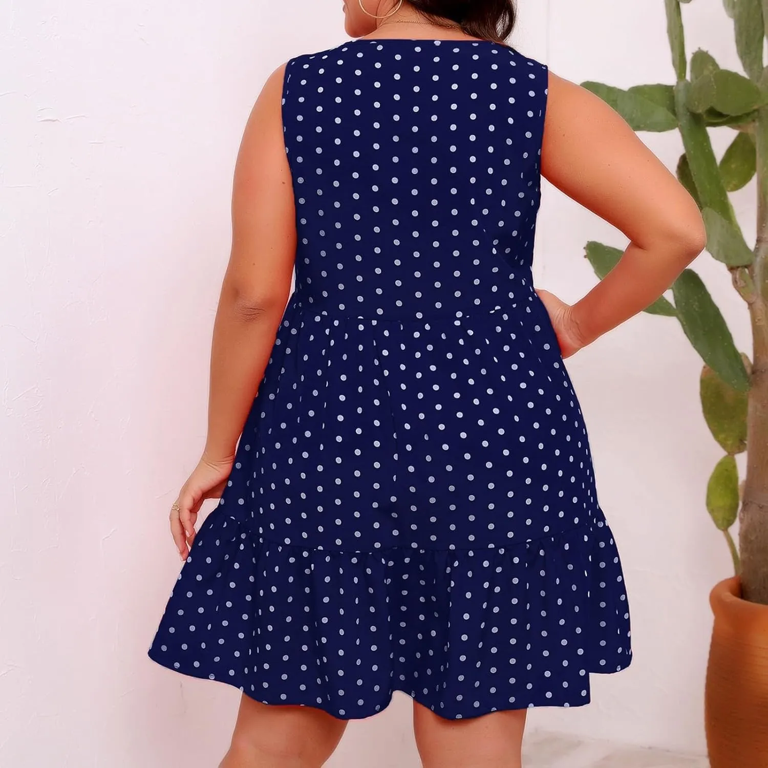 Summer Sundresses for Women Plus Size Crewneck Sleeveless Polka Dot Tank Dress Flowy Ruffle Tiered Swing Mini Dresses