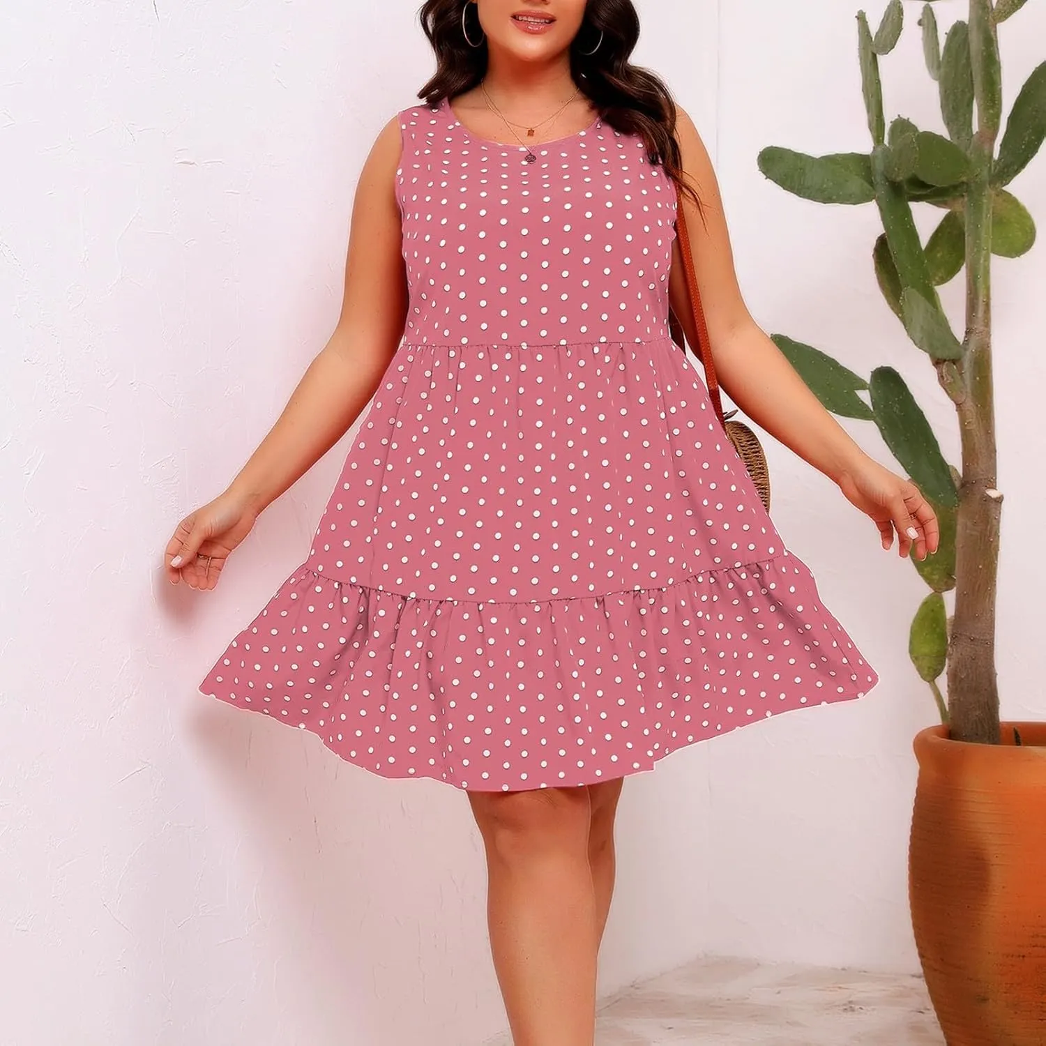 Summer Sundresses for Women Plus Size Crewneck Sleeveless Polka Dot Tank Dress Flowy Ruffle Tiered Swing Mini Dresses