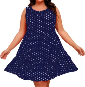 Summer Sundresses for Women Plus Size Crewneck Sleeveless Polka Dot Tank Dress Flowy Ruffle Tiered Swing Mini Dresses