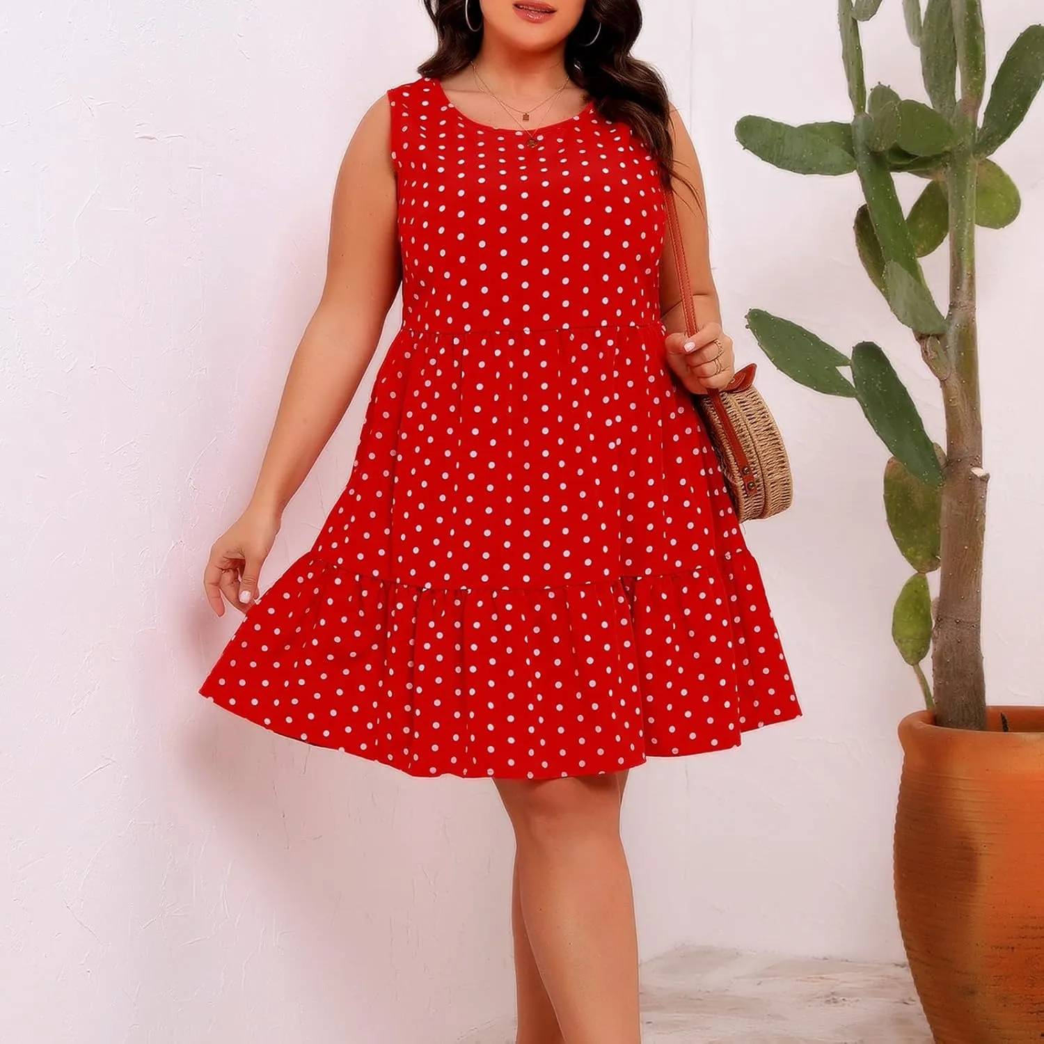 Summer Sundresses for Women Plus Size Crewneck Sleeveless Polka Dot Tank Dress Flowy Ruffle Tiered Swing Mini Dresses