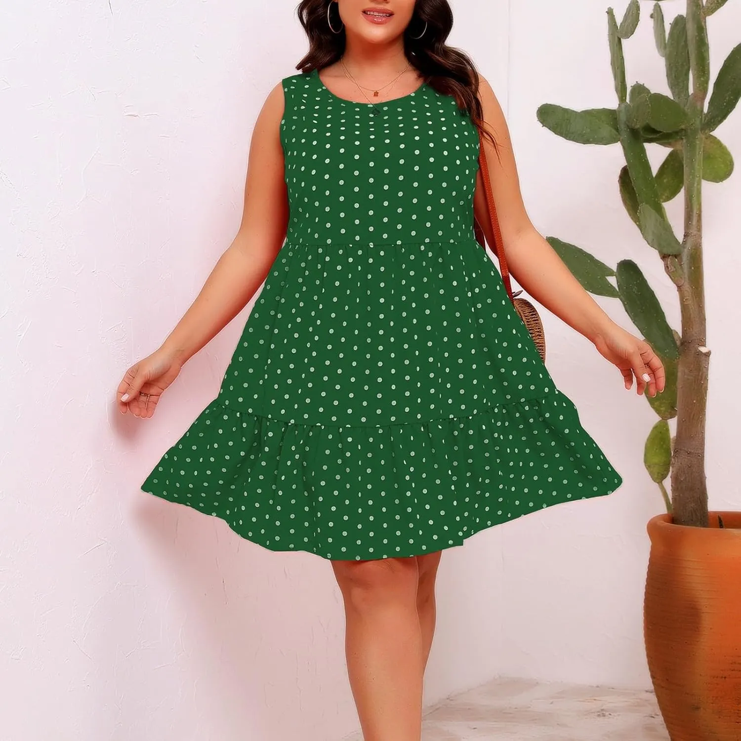 Summer Sundresses for Women Plus Size Crewneck Sleeveless Polka Dot Tank Dress Flowy Ruffle Tiered Swing Mini Dresses