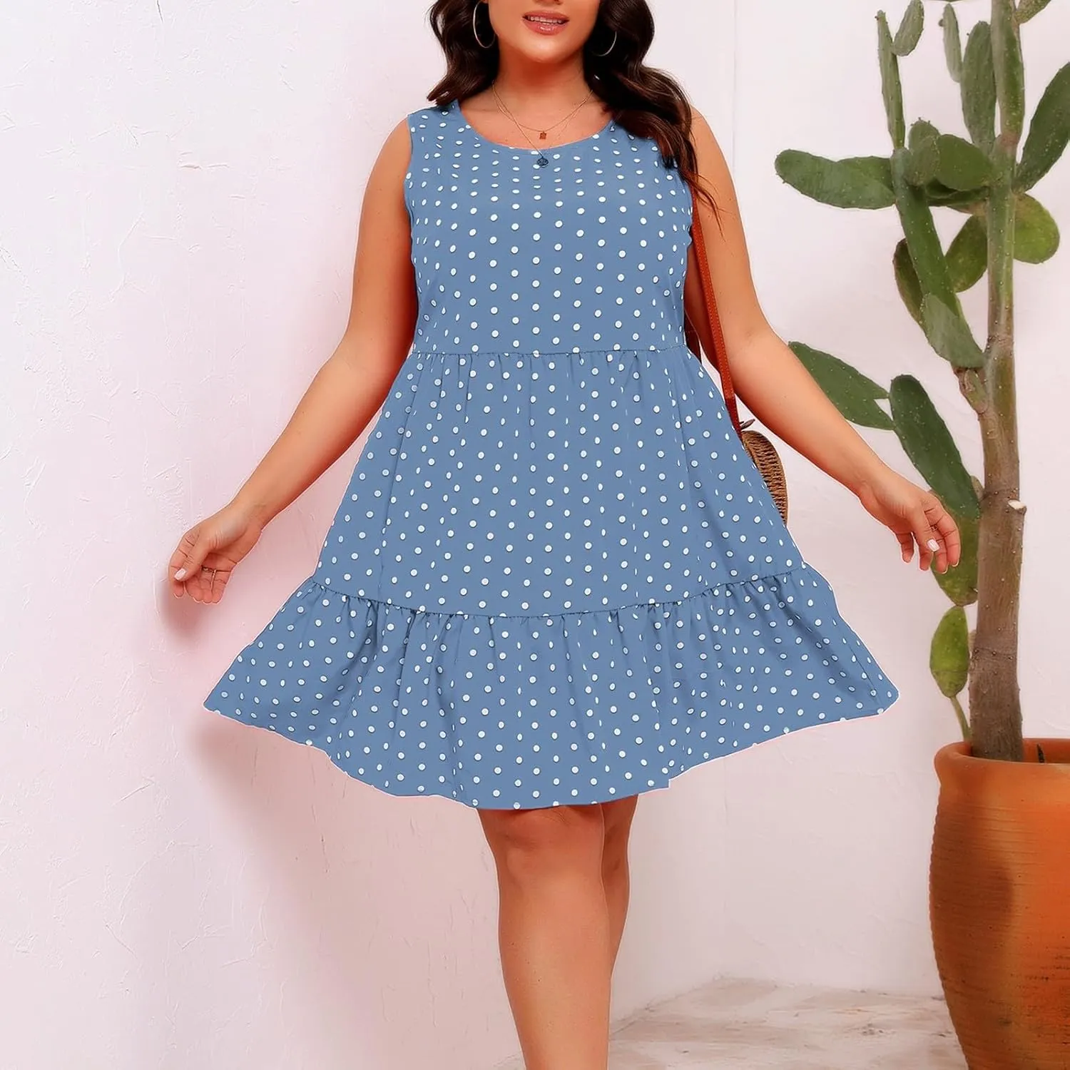 Summer Sundresses for Women Plus Size Crewneck Sleeveless Polka Dot Tank Dress Flowy Ruffle Tiered Swing Mini Dresses