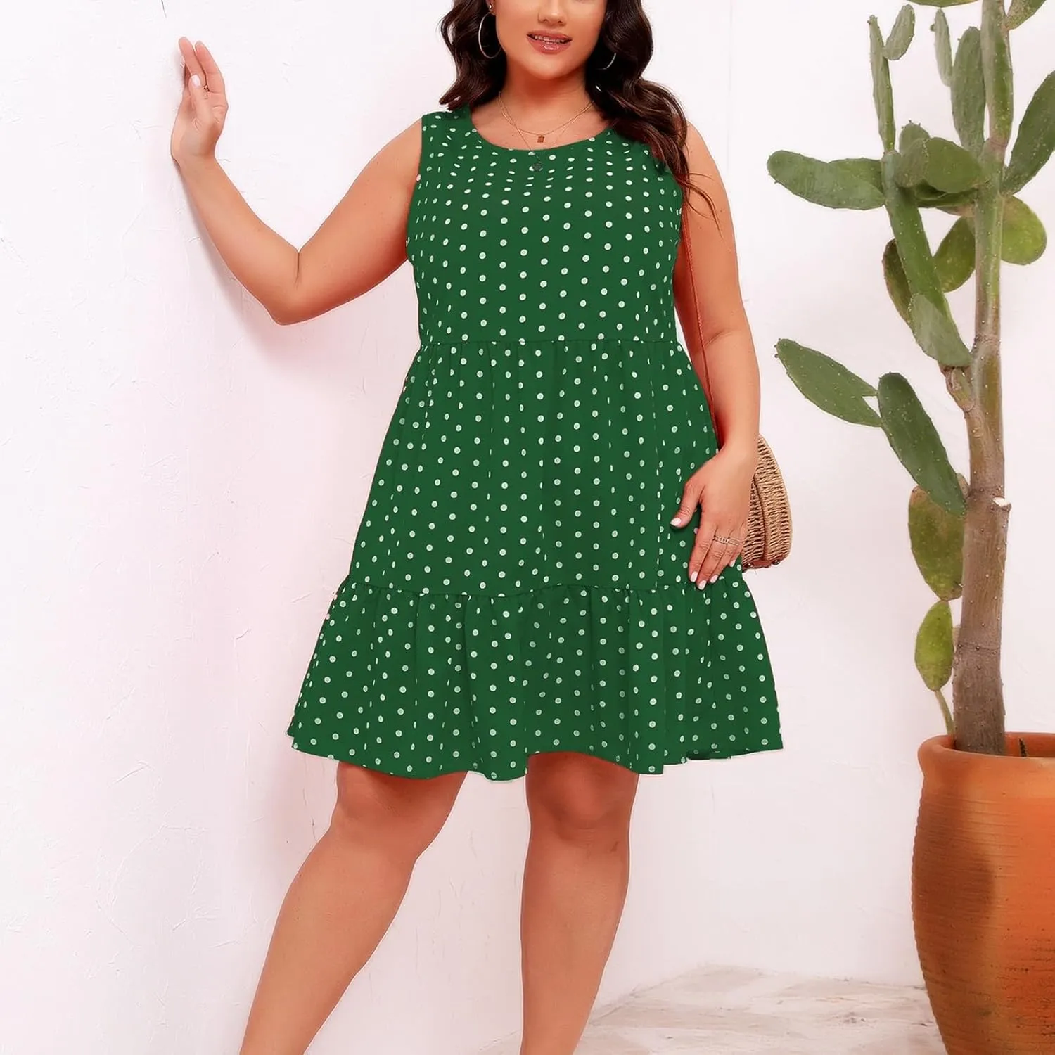 Summer Sundresses for Women Plus Size Crewneck Sleeveless Polka Dot Tank Dress Flowy Ruffle Tiered Swing Mini Dresses