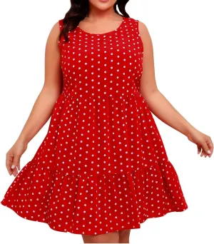 Summer Sundresses for Women Plus Size Crewneck Sleeveless Polka Dot Tank Dress Flowy Ruffle Tiered Swing Mini Dresses