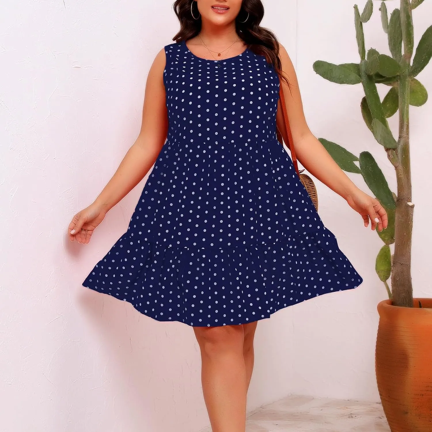 Summer Sundresses for Women Plus Size Crewneck Sleeveless Polka Dot Tank Dress Flowy Ruffle Tiered Swing Mini Dresses