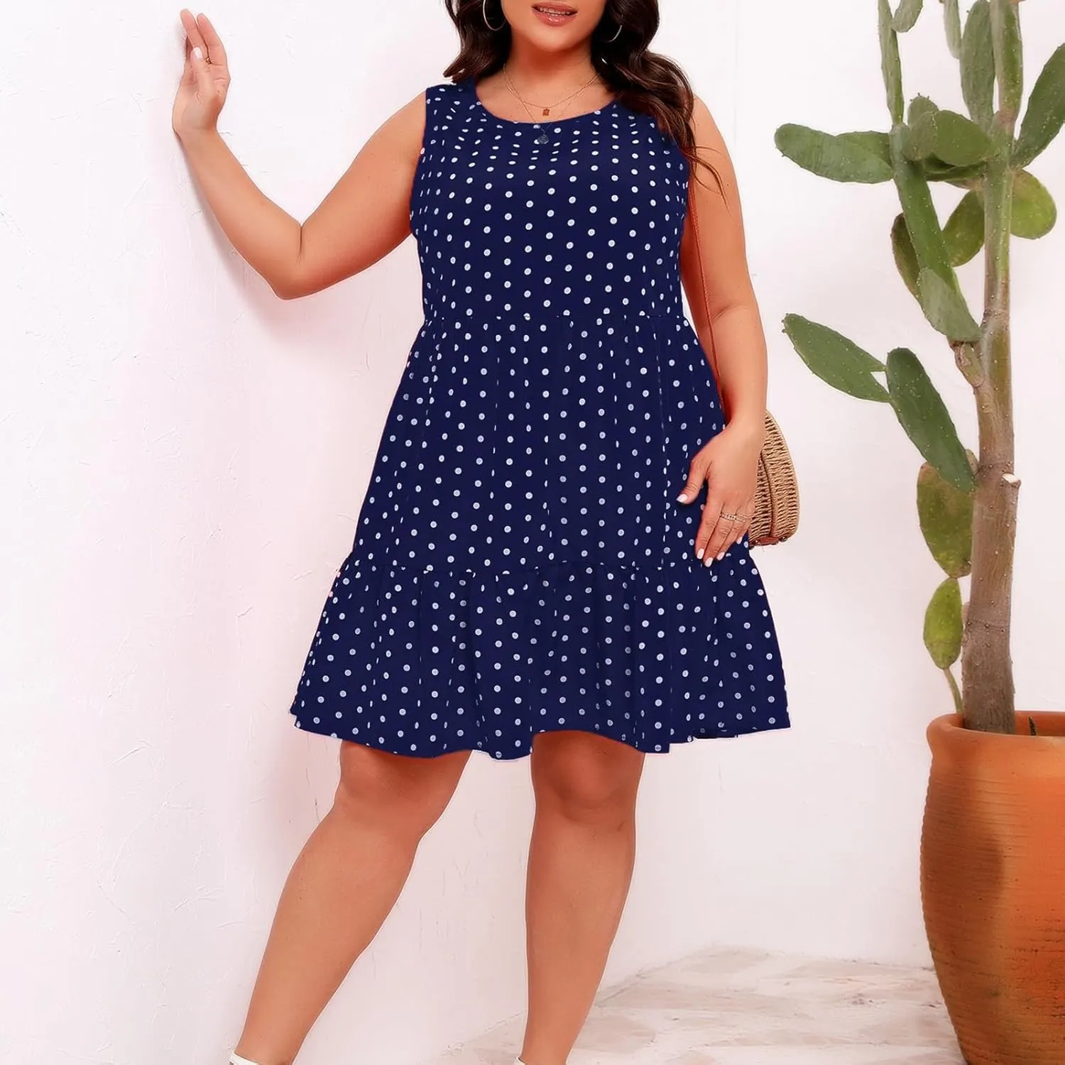 Summer Sundresses for Women Plus Size Crewneck Sleeveless Polka Dot Tank Dress Flowy Ruffle Tiered Swing Mini Dresses