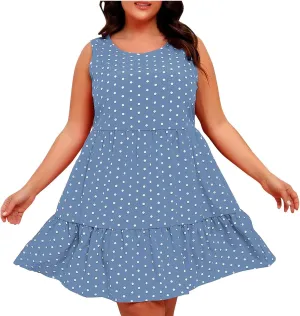 Summer Sundresses for Women Plus Size Crewneck Sleeveless Polka Dot Tank Dress Flowy Ruffle Tiered Swing Mini Dresses