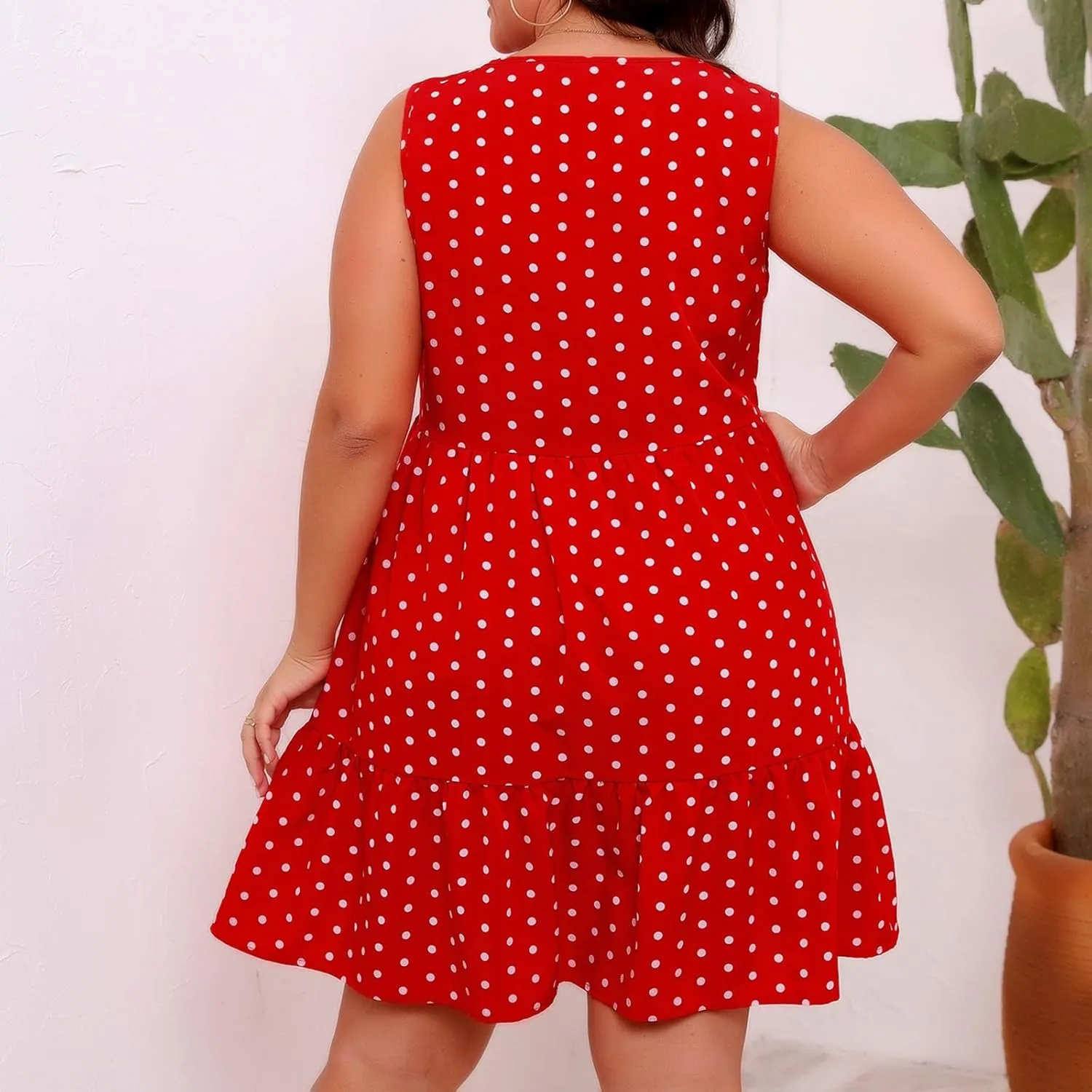 Summer Sundresses for Women Plus Size Crewneck Sleeveless Polka Dot Tank Dress Flowy Ruffle Tiered Swing Mini Dresses