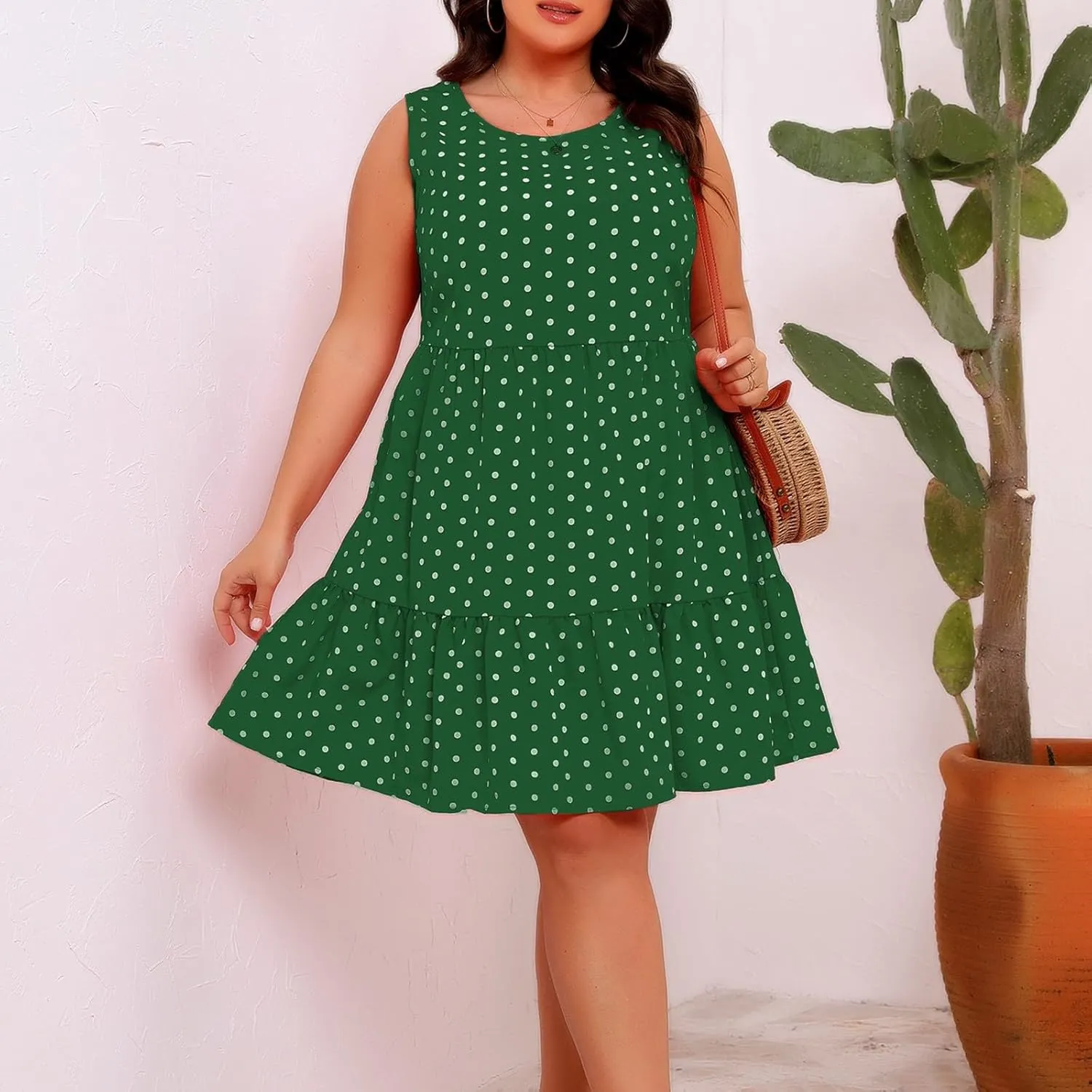 Summer Sundresses for Women Plus Size Crewneck Sleeveless Polka Dot Tank Dress Flowy Ruffle Tiered Swing Mini Dresses