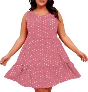 Summer Sundresses for Women Plus Size Crewneck Sleeveless Polka Dot Tank Dress Flowy Ruffle Tiered Swing Mini Dresses