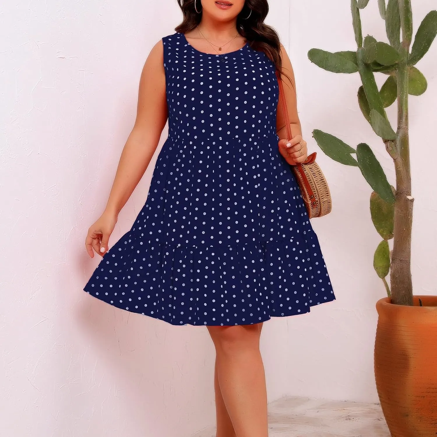 Summer Sundresses for Women Plus Size Crewneck Sleeveless Polka Dot Tank Dress Flowy Ruffle Tiered Swing Mini Dresses