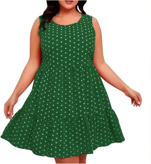 Summer Sundresses for Women Plus Size Crewneck Sleeveless Polka Dot Tank Dress Flowy Ruffle Tiered Swing Mini Dresses