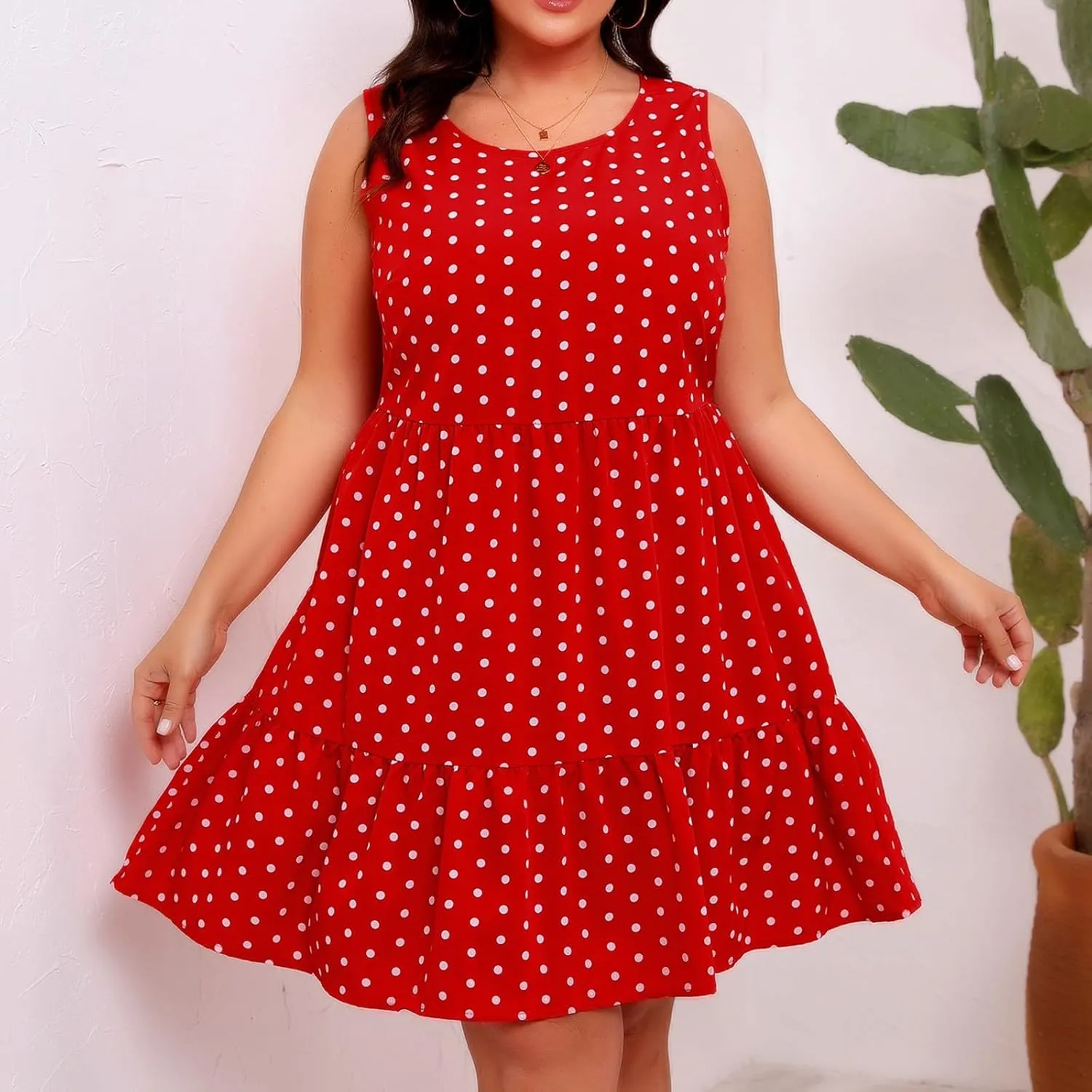 Summer Sundresses for Women Plus Size Crewneck Sleeveless Polka Dot Tank Dress Flowy Ruffle Tiered Swing Mini Dresses