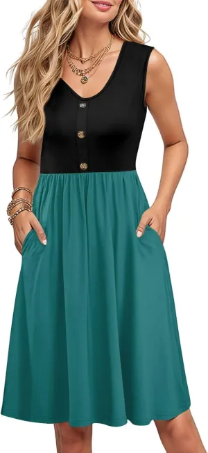 Sundress for Women-2025 Summer Fashion Patchwork Swing Button Down Sleeveless Midi Vacation Dresses with Pockets