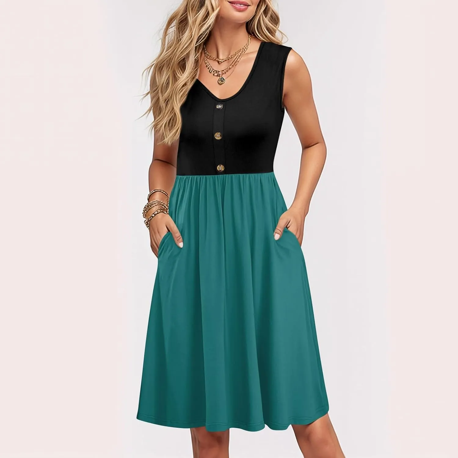 Sundress for Women-2025 Summer Fashion Patchwork Swing Button Down Sleeveless Midi Vacation Dresses with Pockets