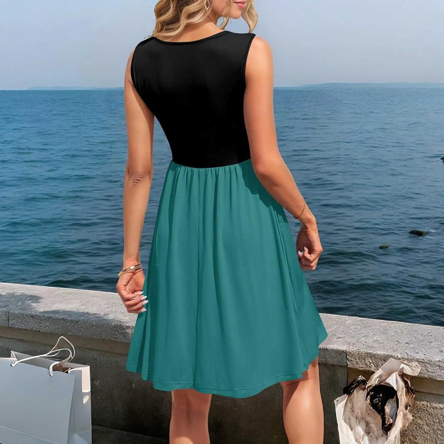 Sundress for Women-2025 Summer Fashion Patchwork Swing Button Down Sleeveless Midi Vacation Dresses with Pockets