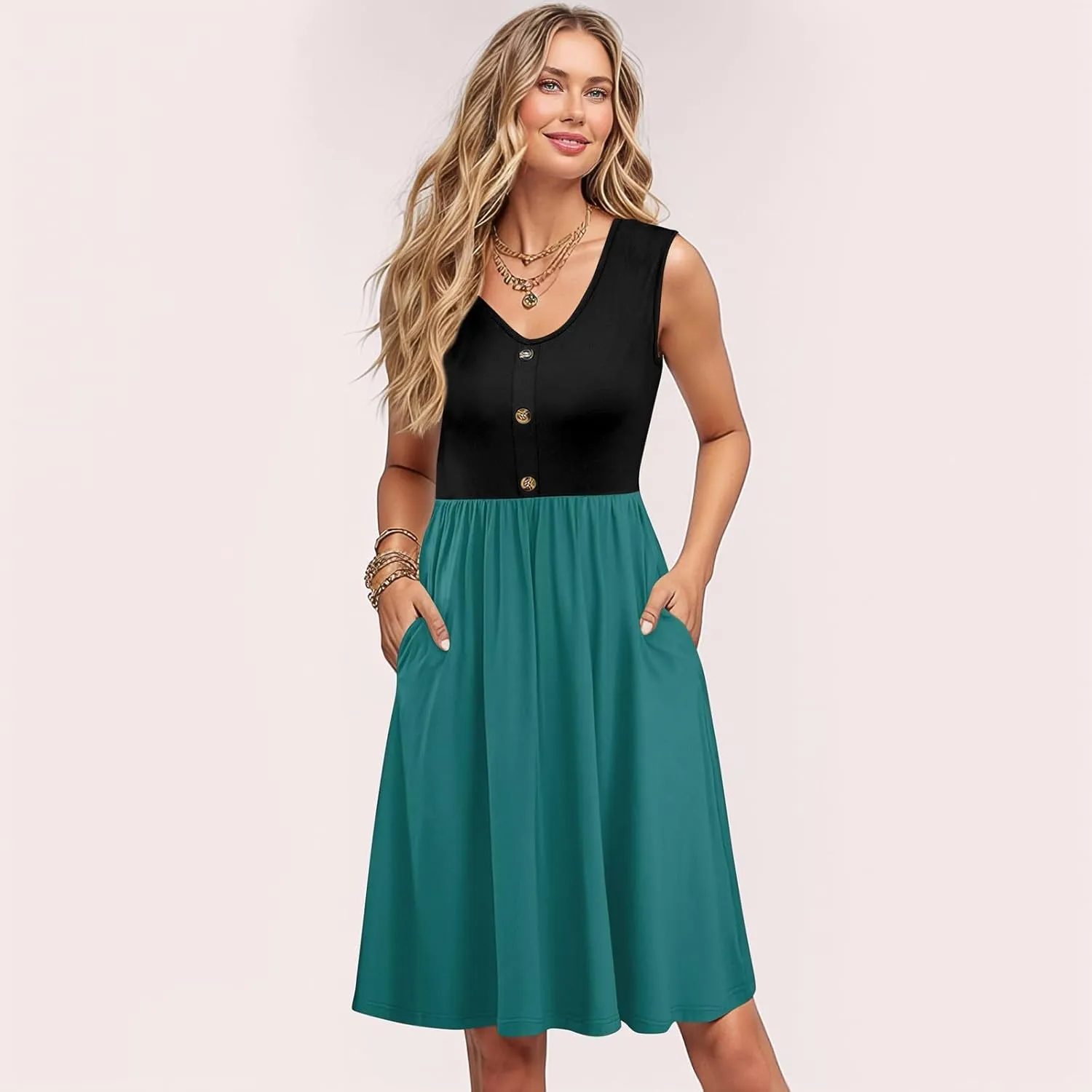Sundress for Women-2025 Summer Fashion Patchwork Swing Button Down Sleeveless Midi Vacation Dresses with Pockets