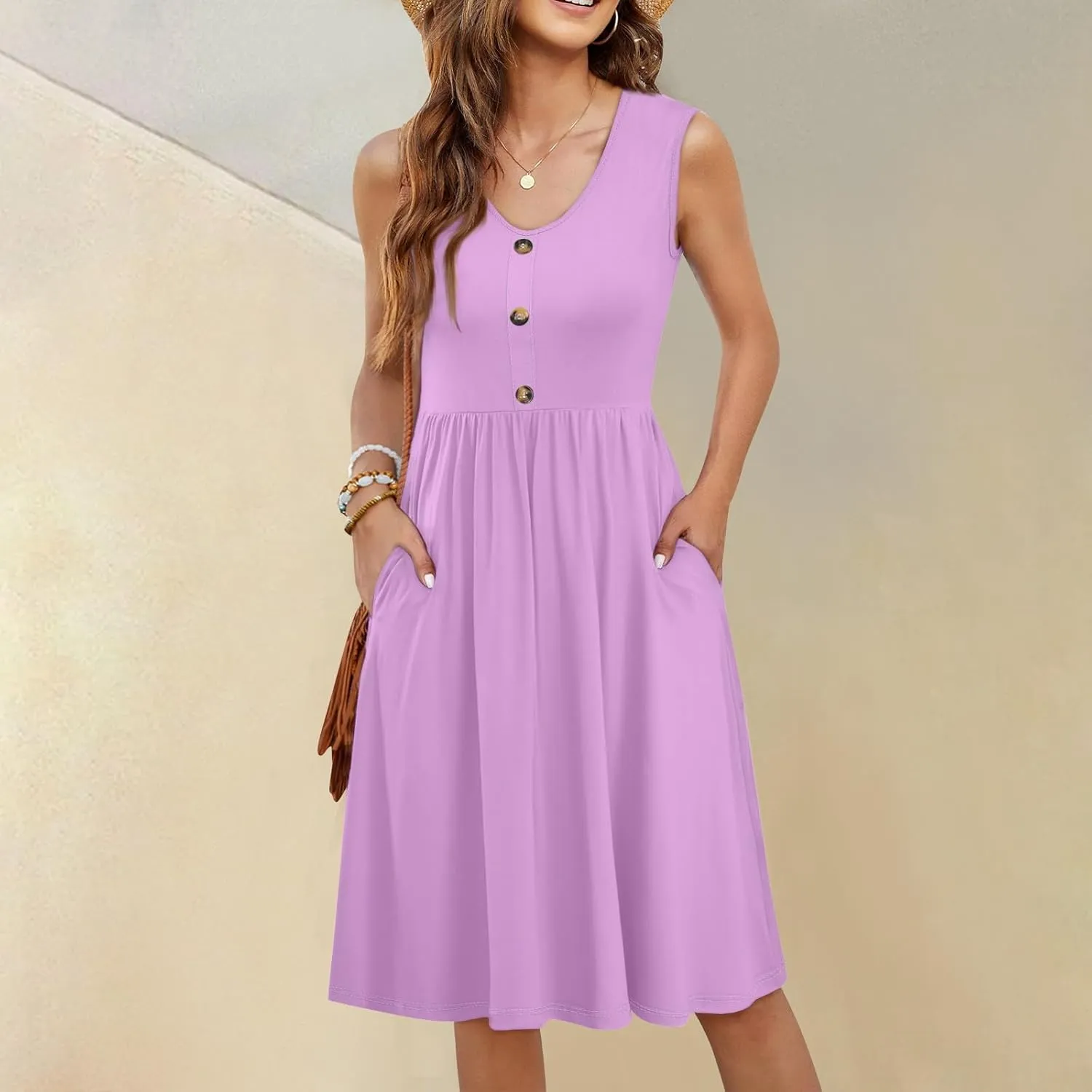 Sundresses for Women 2025 Casual Sleeveless Button V Neck Midi Dress Pleated Tank Dress with Pocket Summer Beach Outfits