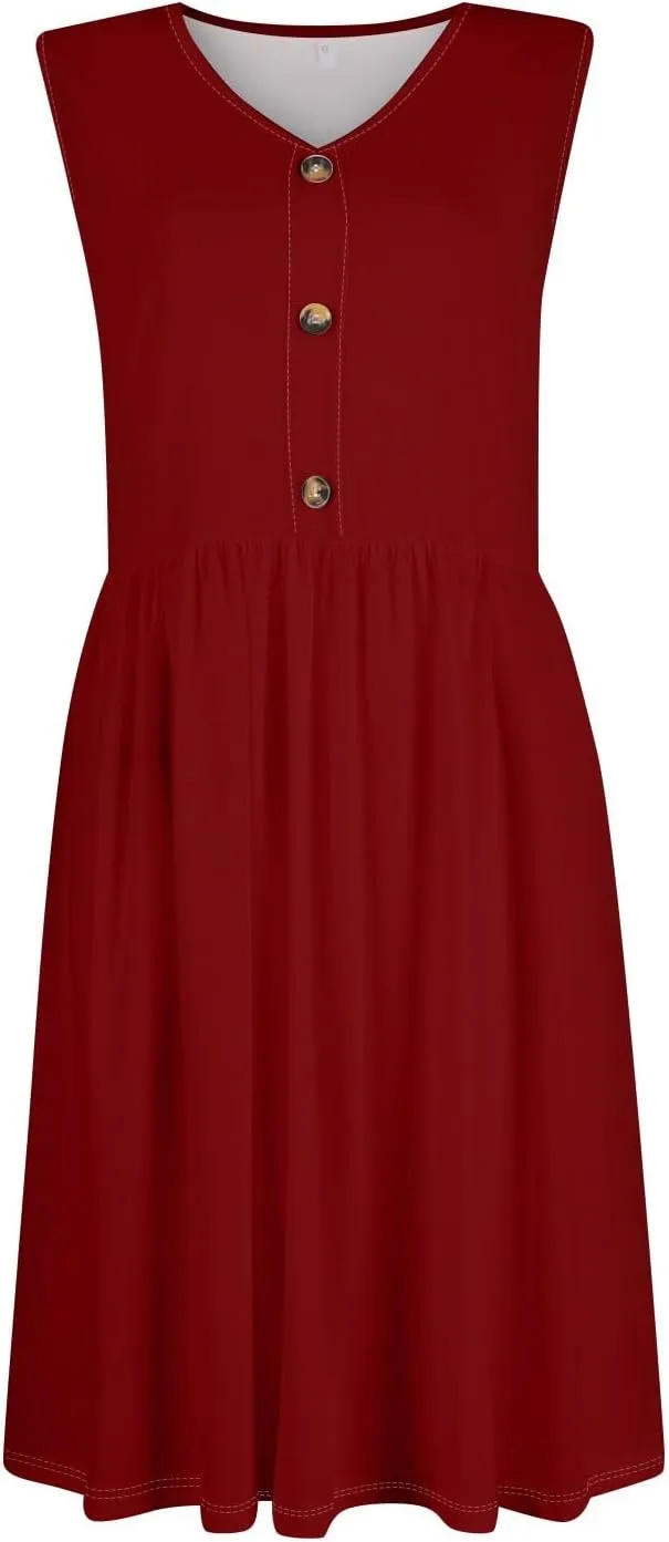 Sundresses for Women 2025 Casual Sleeveless Button V Neck Midi Dress Pleated Tank Dress with Pocket Summer Beach Outfits