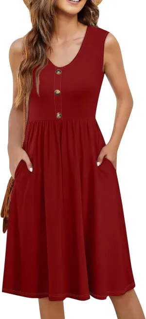 Sundresses for Women 2025 Casual Sleeveless Button V Neck Midi Dress Pleated Tank Dress with Pocket Summer Beach Outfits