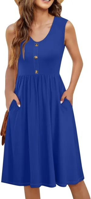 Sundresses for Women 2025 Casual Sleeveless Button V Neck Midi Dress Pleated Tank Dress with Pocket Summer Beach Outfits