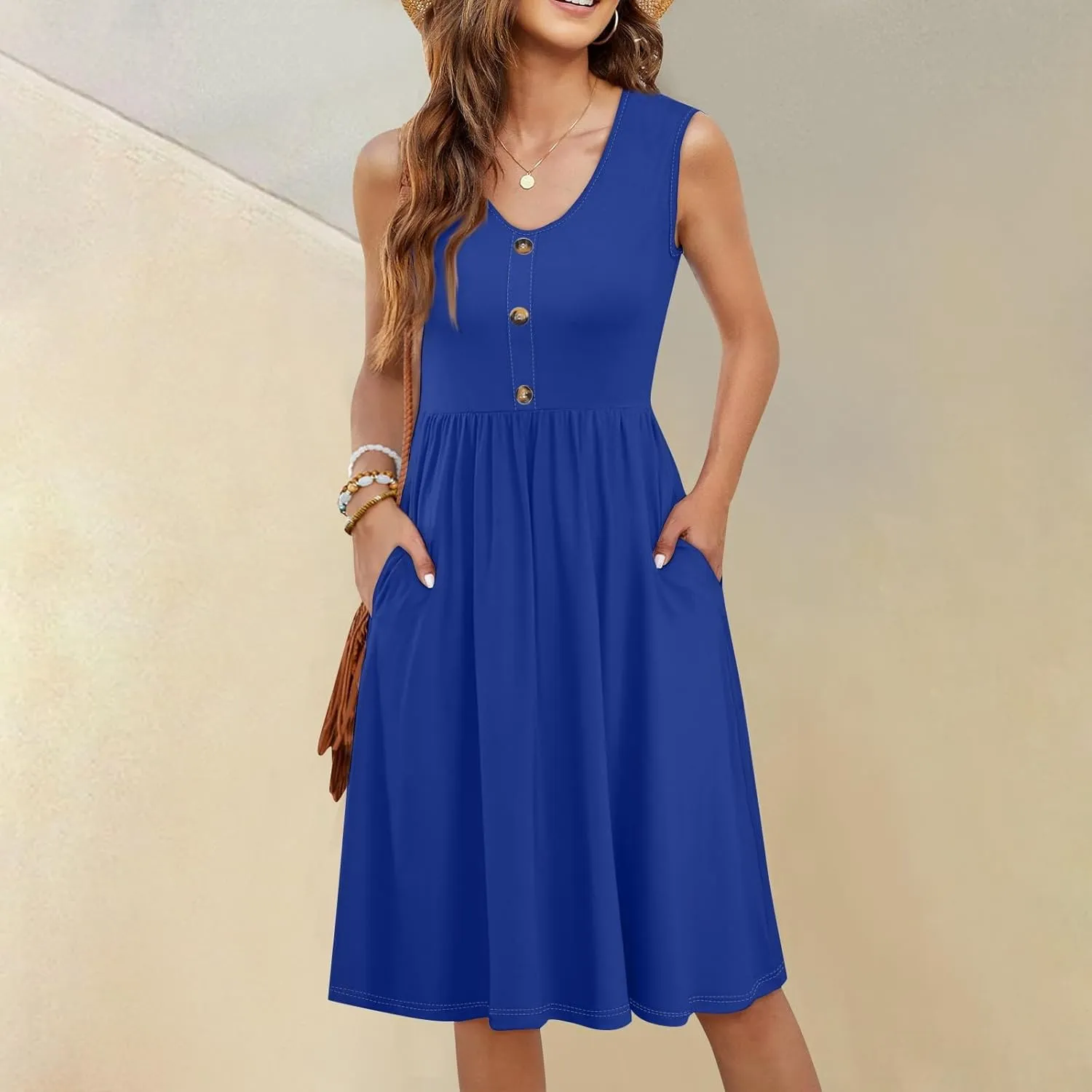 Sundresses for Women 2025 Casual Sleeveless Button V Neck Midi Dress Pleated Tank Dress with Pocket Summer Beach Outfits