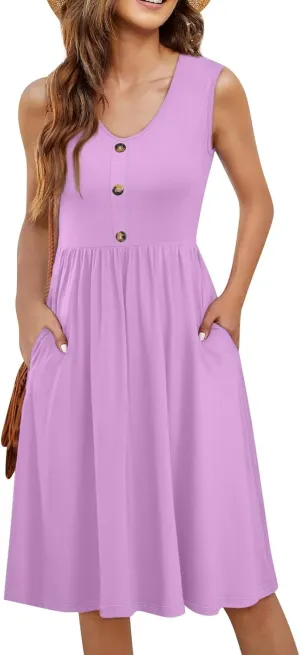 Sundresses for Women 2025 Casual Sleeveless Button V Neck Midi Dress Pleated Tank Dress with Pocket Summer Beach Outfits