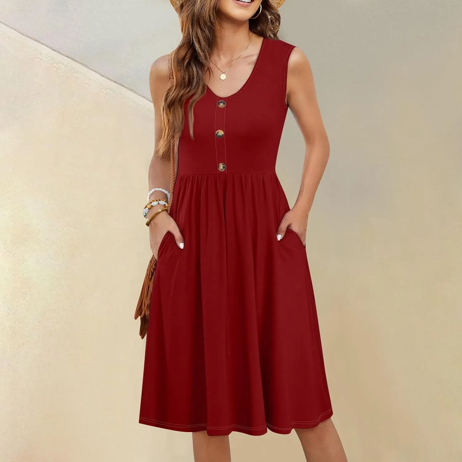 Sundresses for Women 2025 Casual Sleeveless Button V Neck Midi Dress Pleated Tank Dress with Pocket Summer Beach Outfits